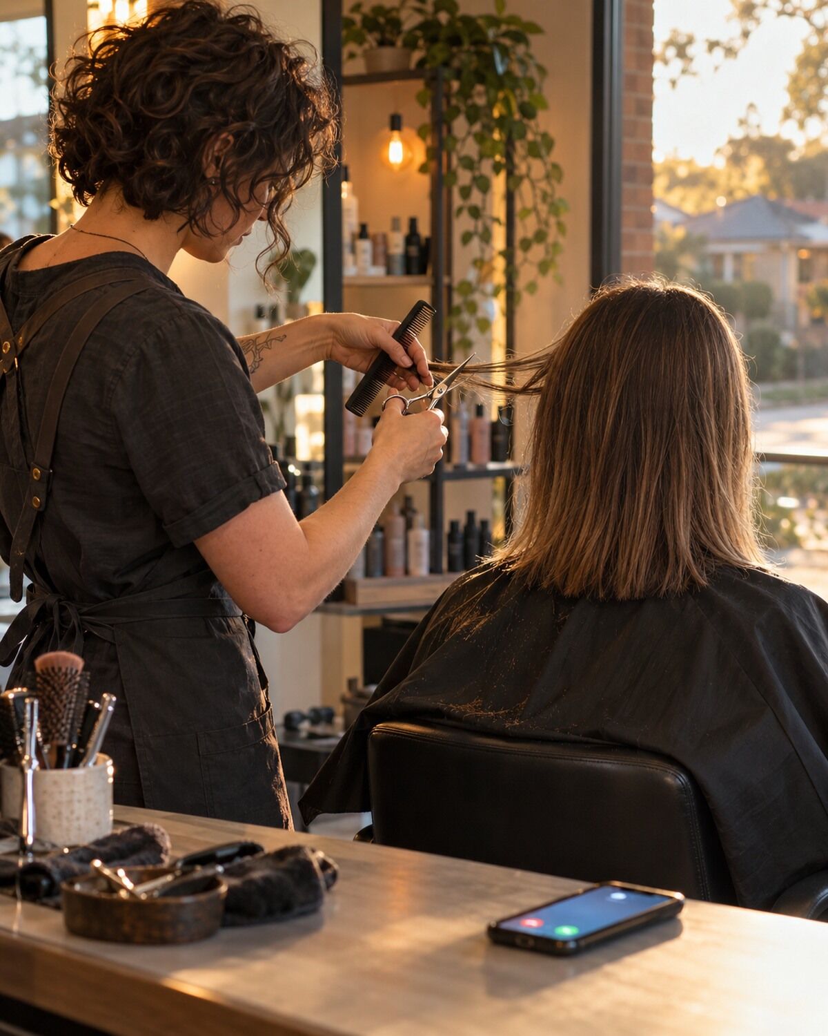 A hairdresser mid-cut